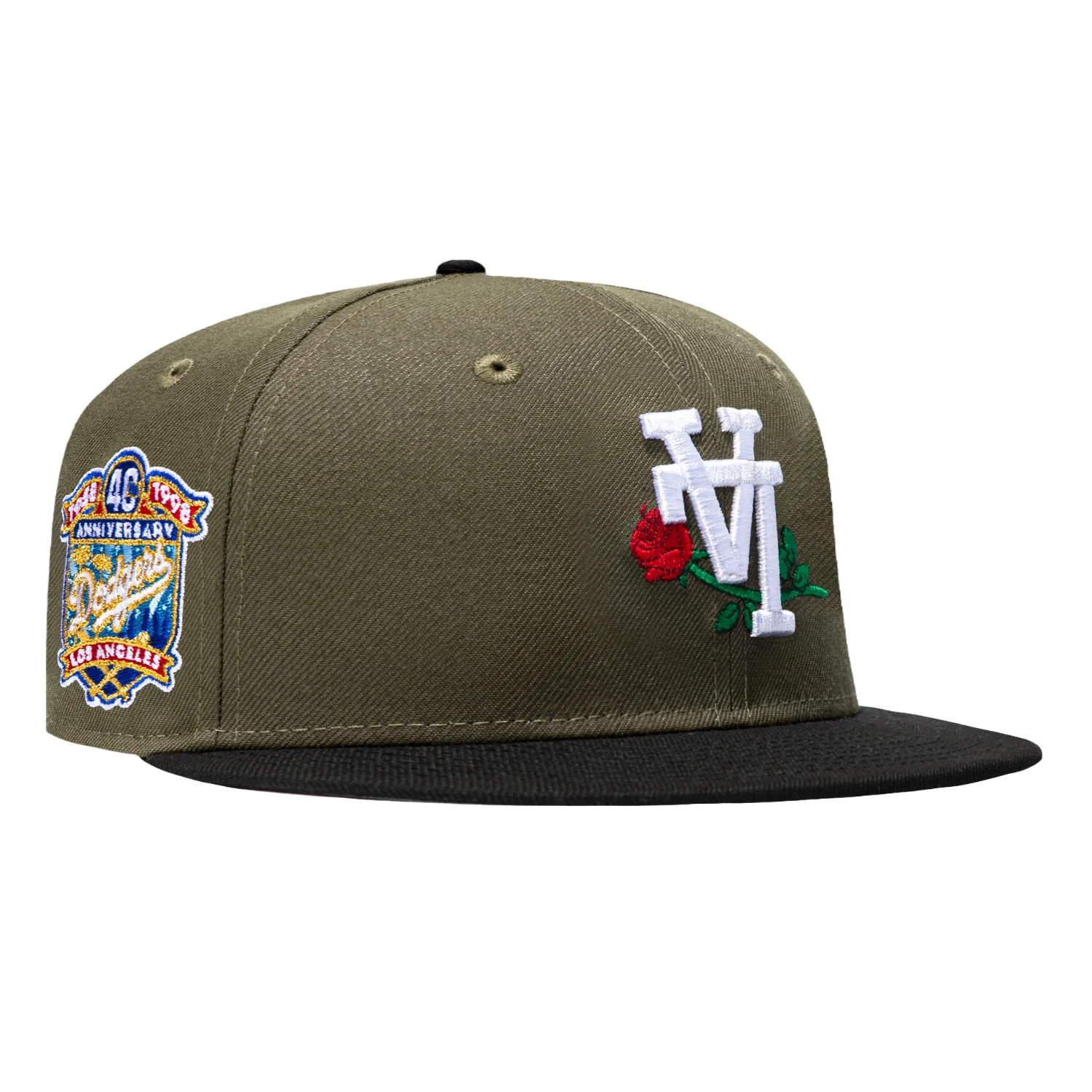 New Era 59Fifty Los Angeles Dodgers 40th Anniversary Patch Upside Down Rose Hat - Olive, Black