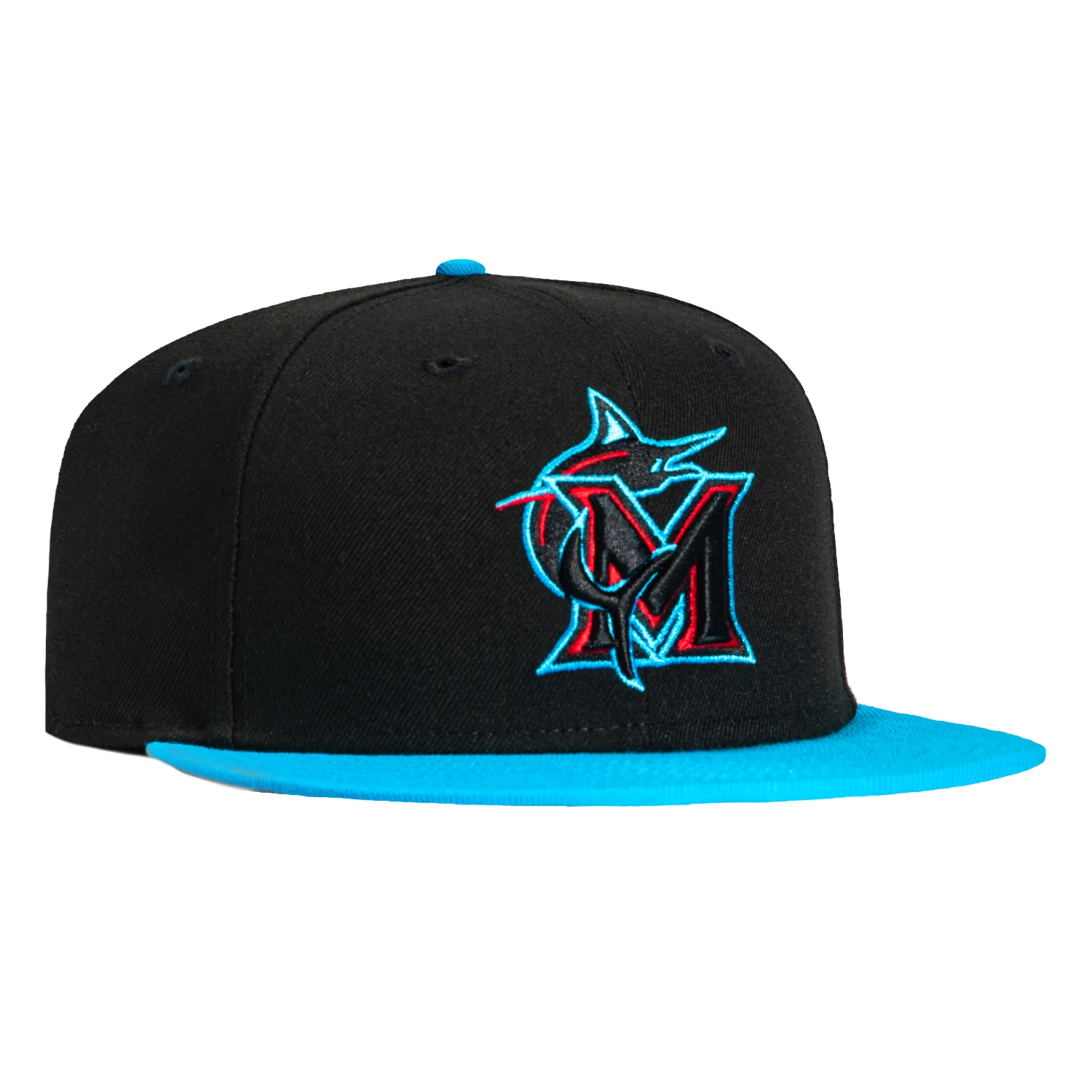 New Era 59Fifty Miami Marlins 2025 City Connect M Hat - Black, Neon Blue, Red
