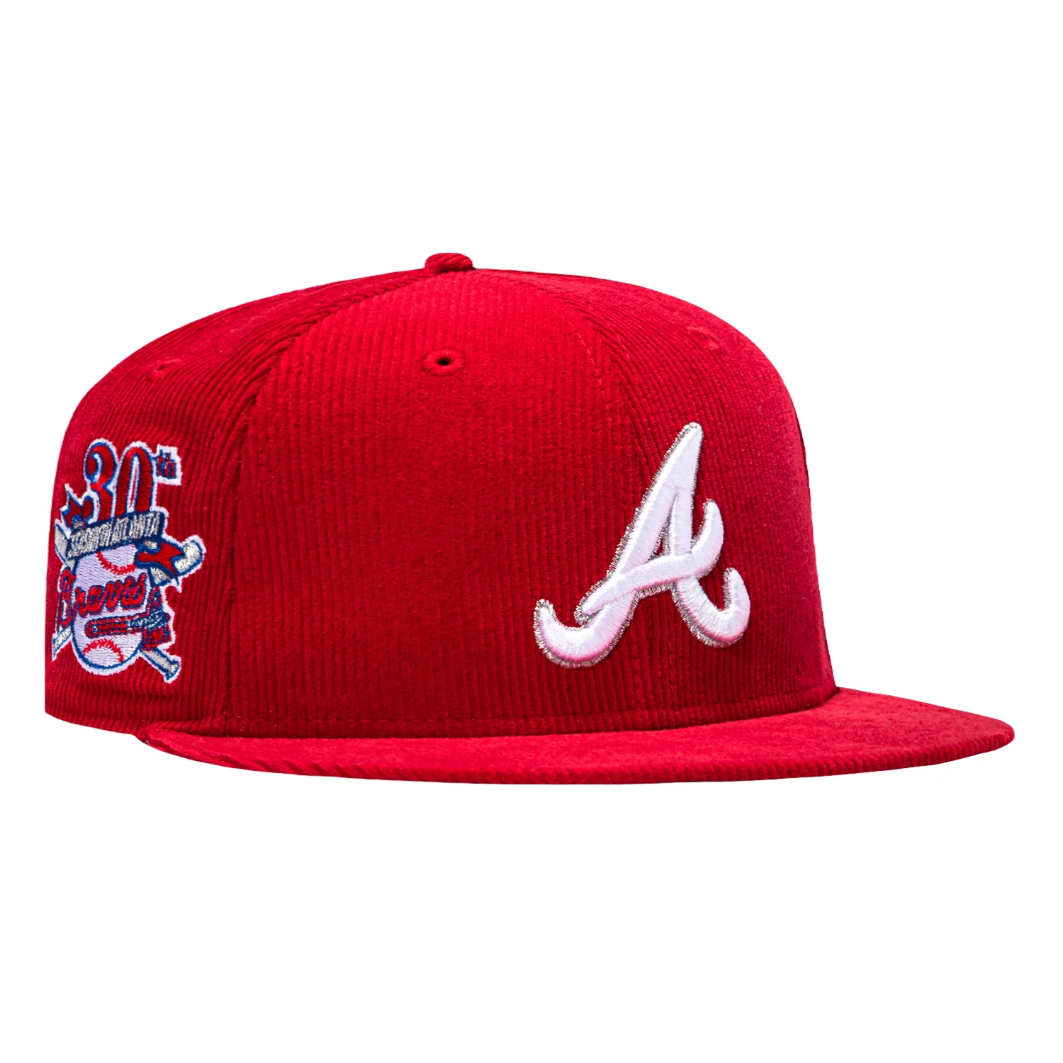 New Era 59Fifty Atlanta Braves 30th Anniversary Patch Corduroy Hat - Red, White, Metallic Silver