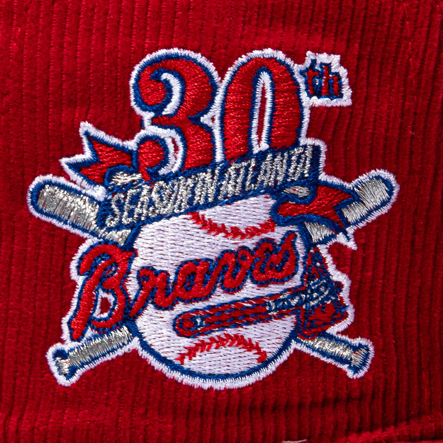 New Era 59Fifty Atlanta Braves 30th Anniversary Patch Corduroy Hat - Red, White, Metallic Silver - Image 5