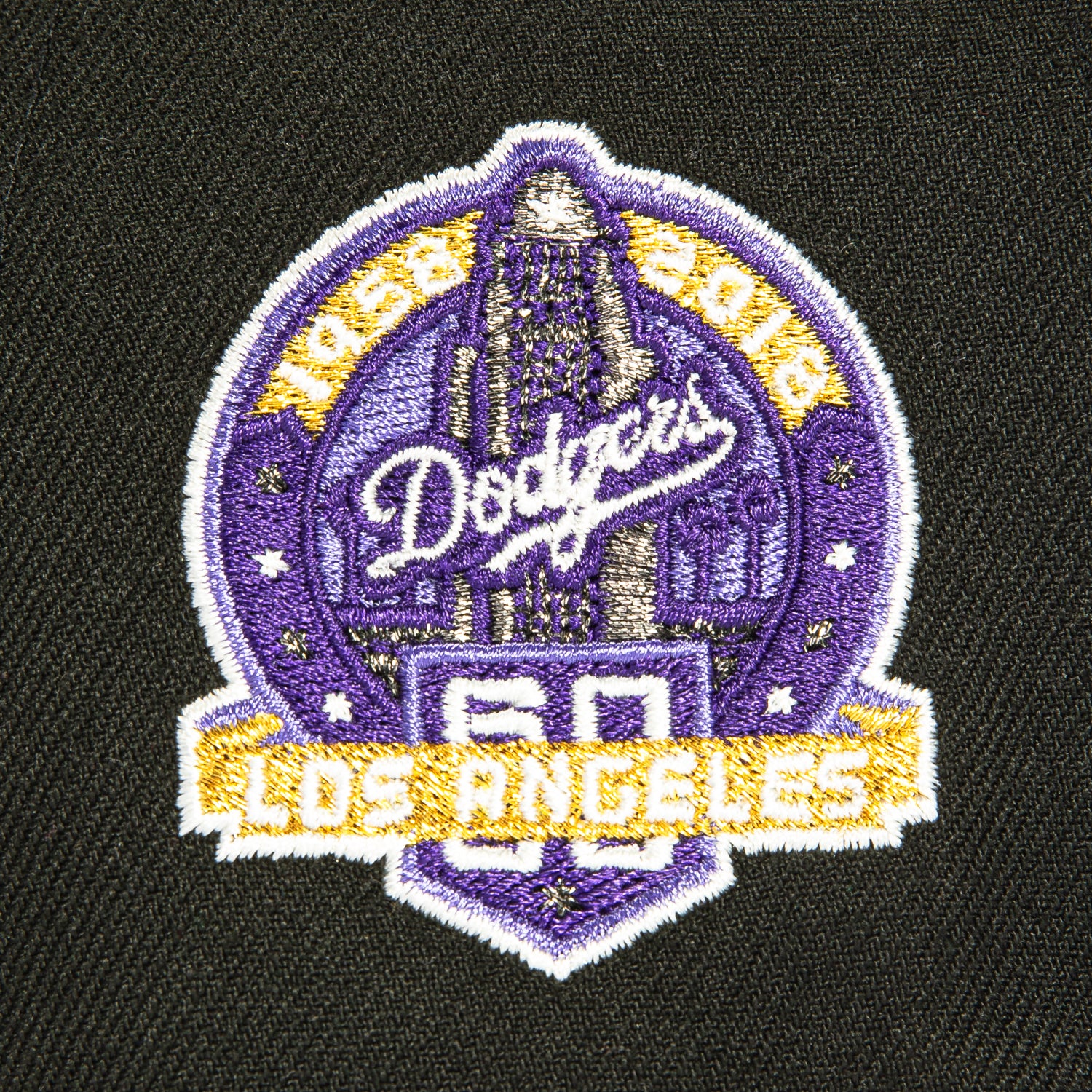 New Era 59Fifty Los Angeles Dodgers 60th Anniversary Script Patch Hat - Black, Purple, Metallic Gold - Image 5