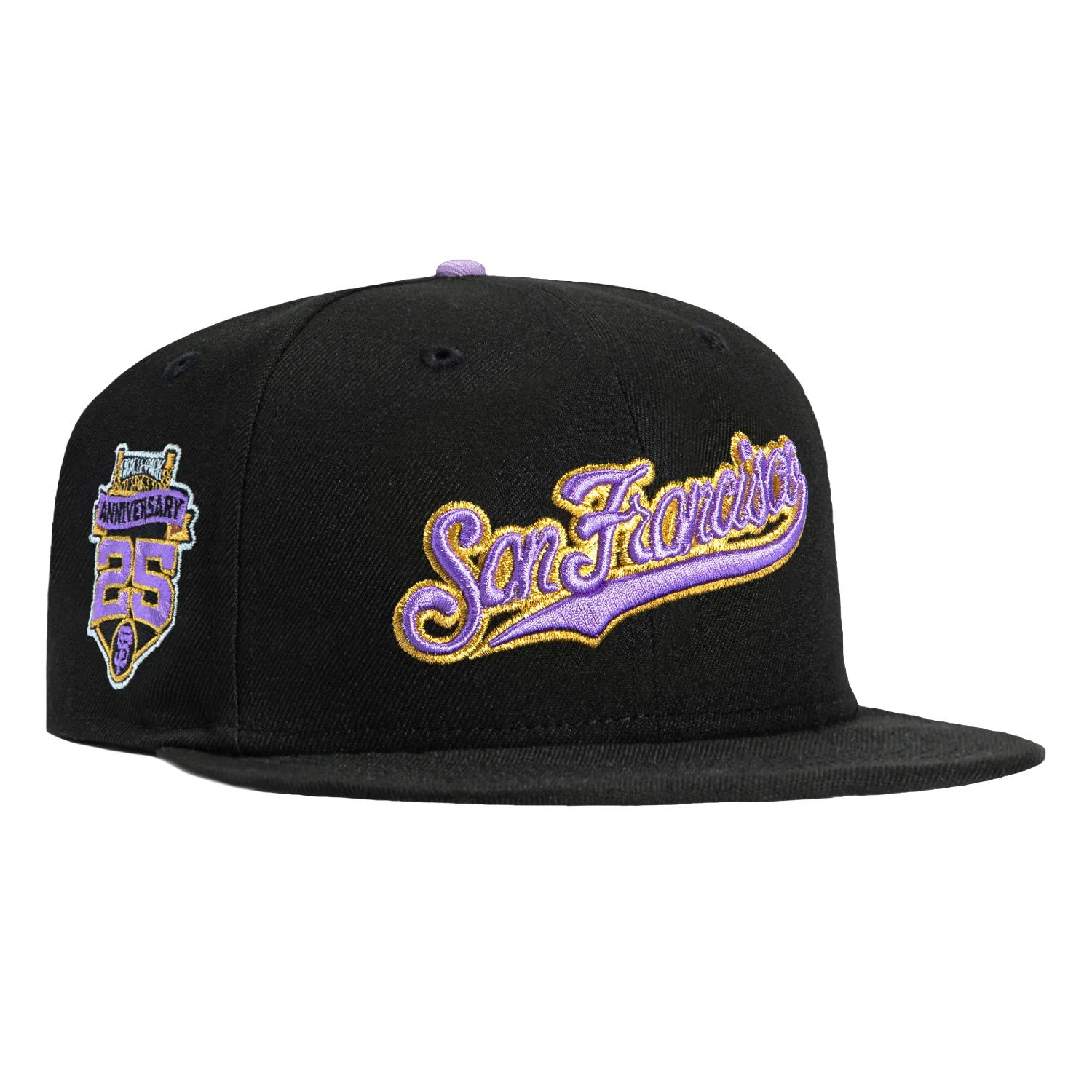New Era 59Fifty San Francisco Giants 25th Anniversary Patch Script Hat - Black, Lavender, Metallic Gold