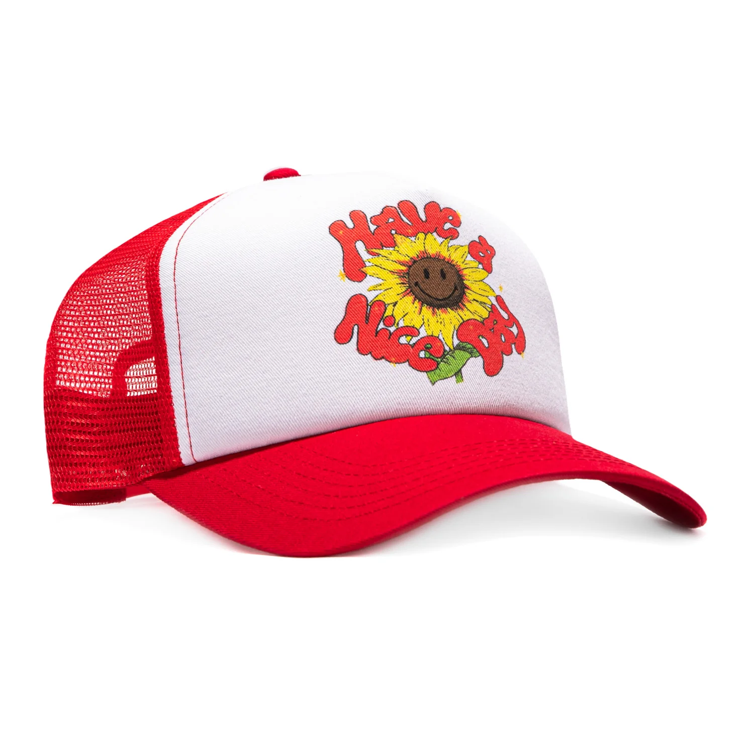 Market Studios Have a Nice Day Sunflower Trucker Snapback Hat - Red