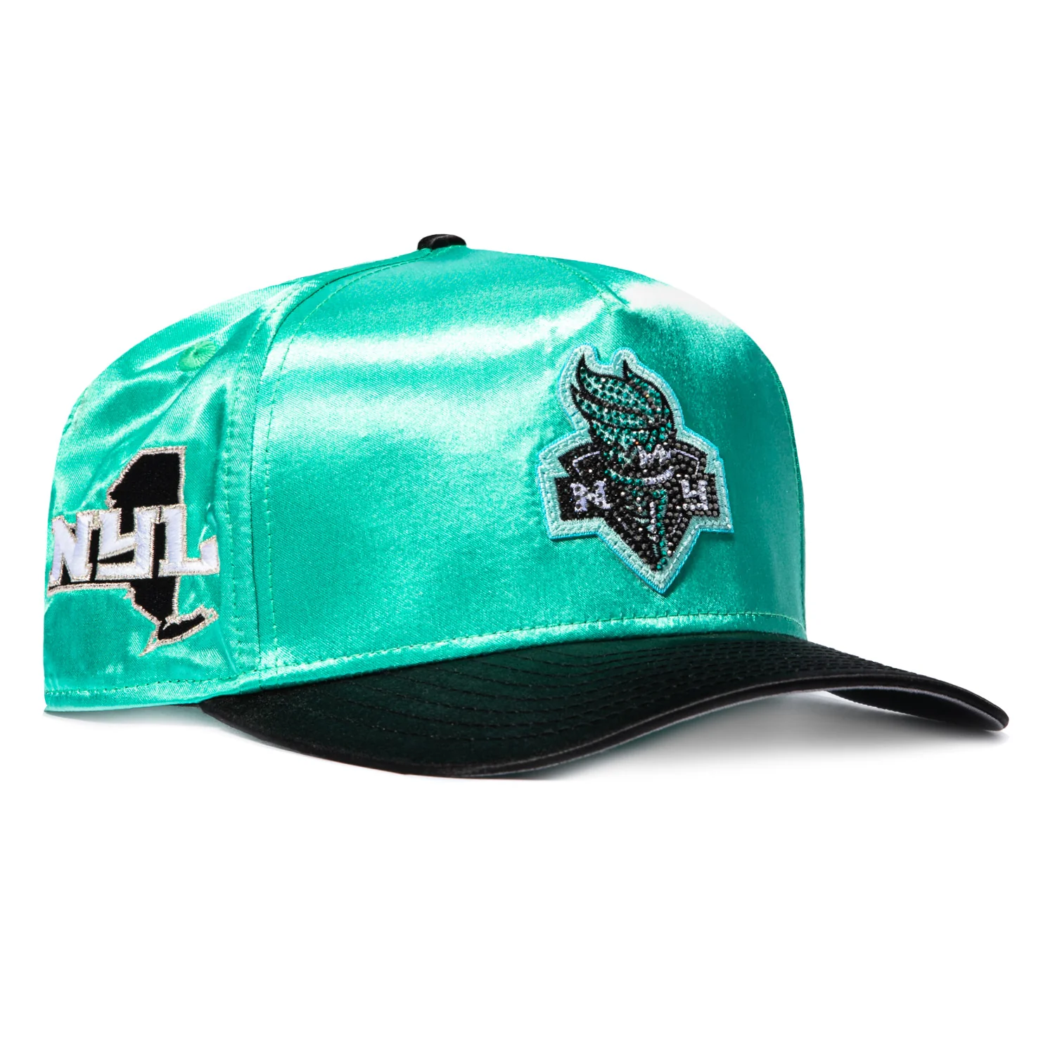 New Era 9Fifty A-Frame New York Liberty State Patch Satin Snapback Rhinestone Hat - Mint, Black