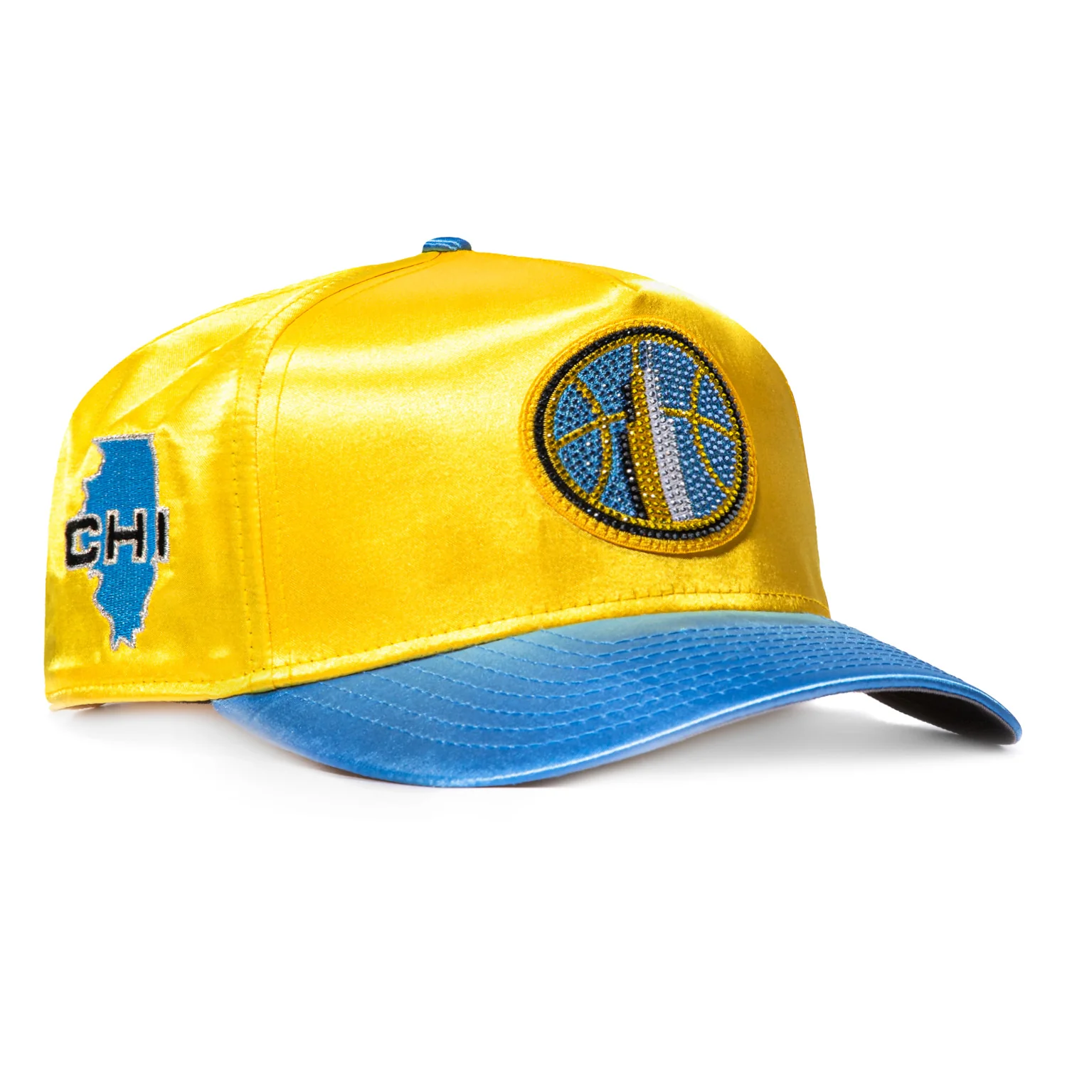 New Era 9Fifty A-Frame Chicago Sky State Patch Satin Snapback Rhinestone Hat - Gold, Light Blue