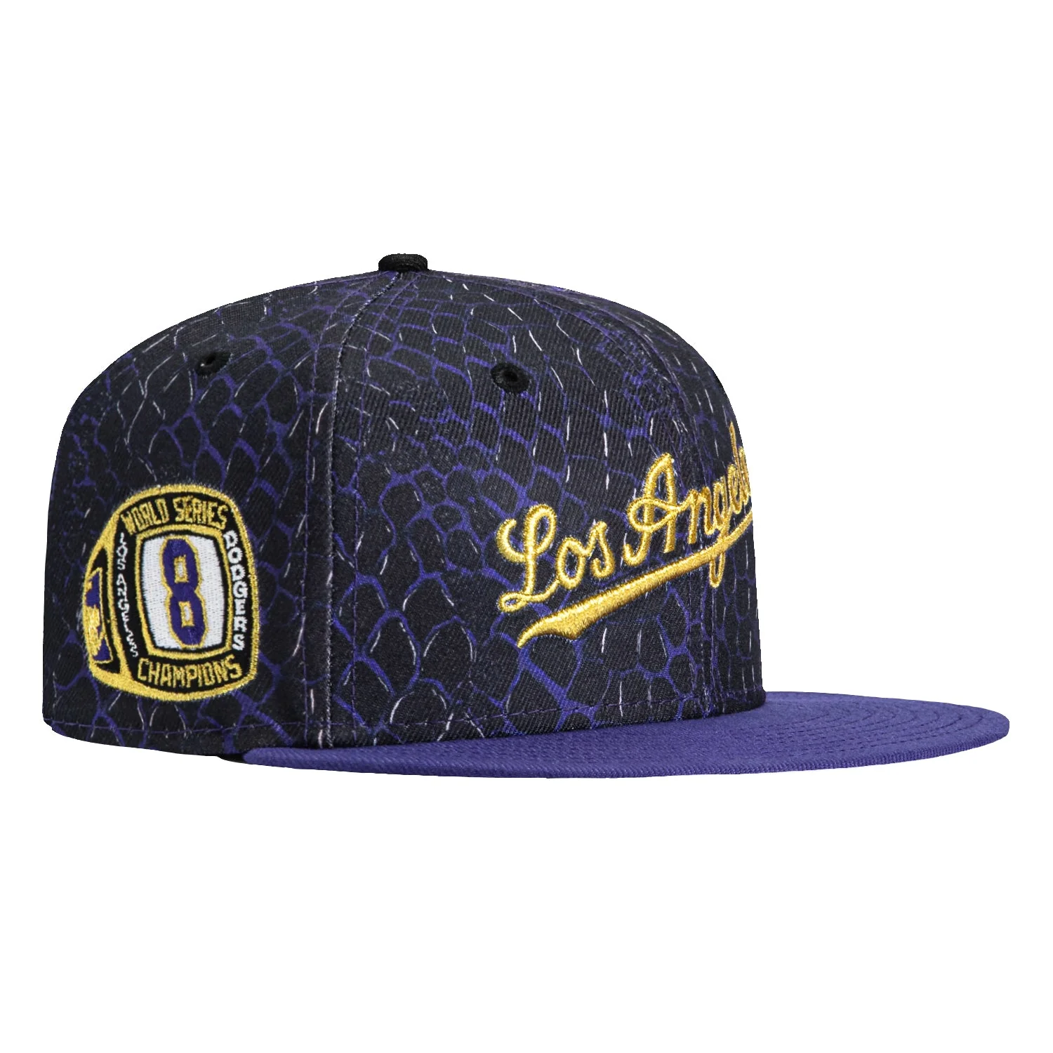 New Era 59Fifty Mamba Day Los Angeles Dodgers 8x World Series Champions Patch Script Hat - Black, Purple