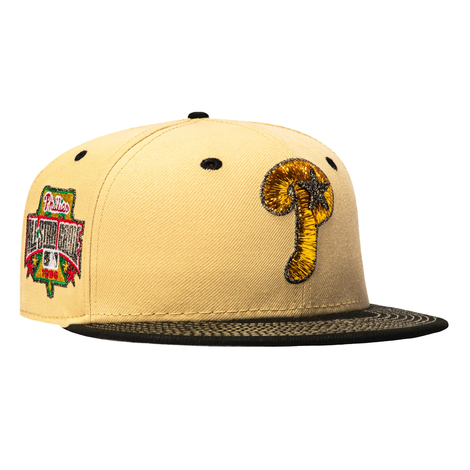 New Era 59Fifty May the Fourth Philadelphia Phillies 1996 All Star Game Patch Contrast Stitch Hat - Tan, Black, Metallic Gold