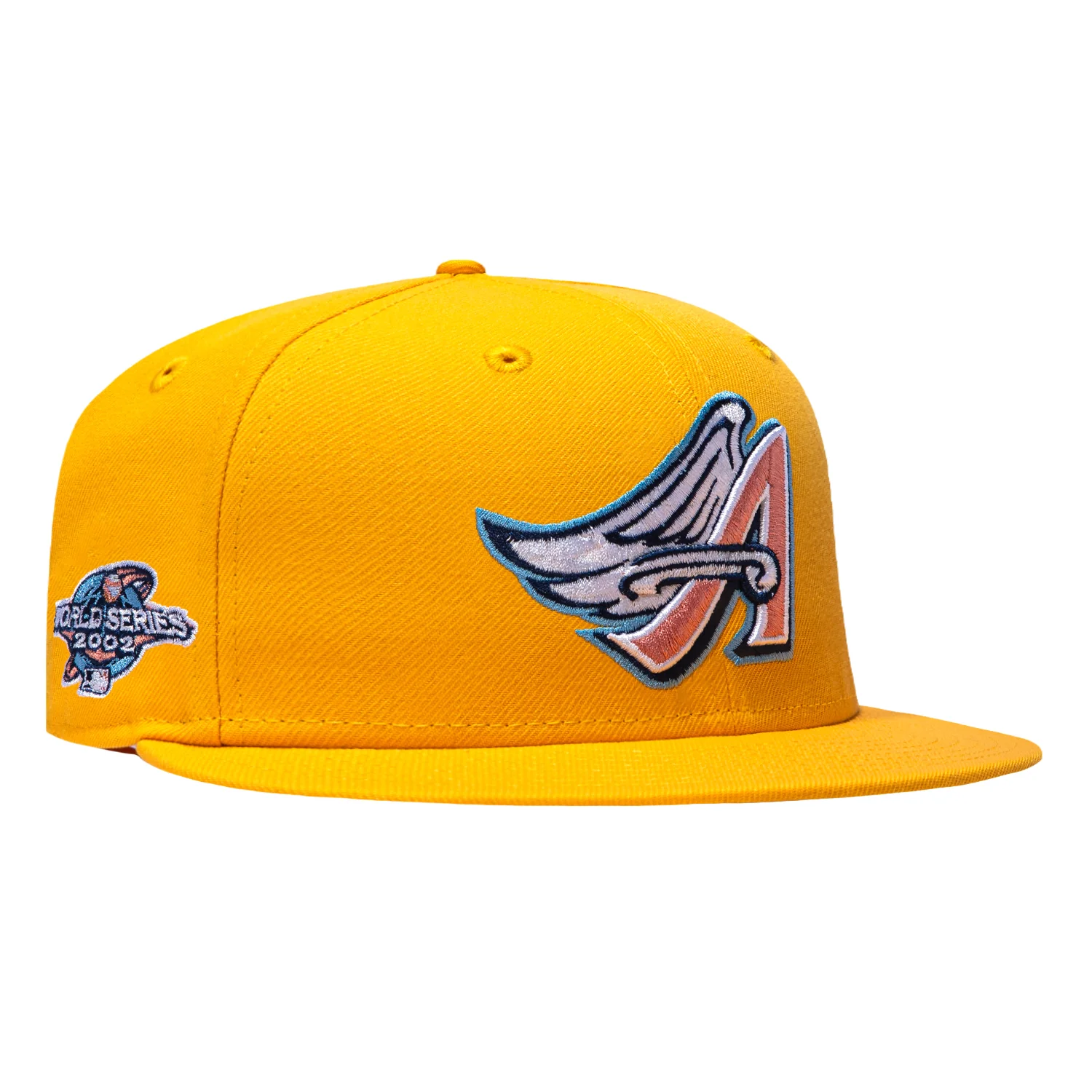 New Era 59Fifty Pink Lemonade Los Angeles Angels 2002 World Series Patch Pink UV Hat - Gold