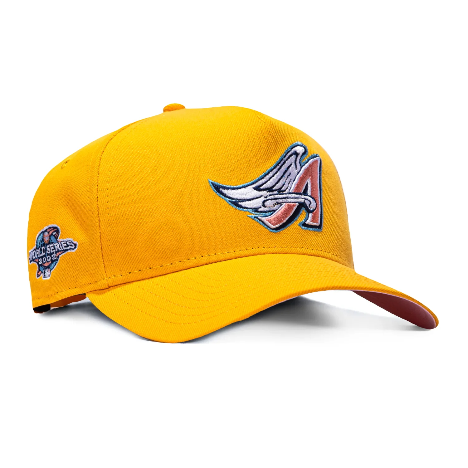 New Era 9Forty A-Frame Pink Lemonade Los Angeles Angels 2002 World Series Patch Pink UV Snapback Hat - Gold