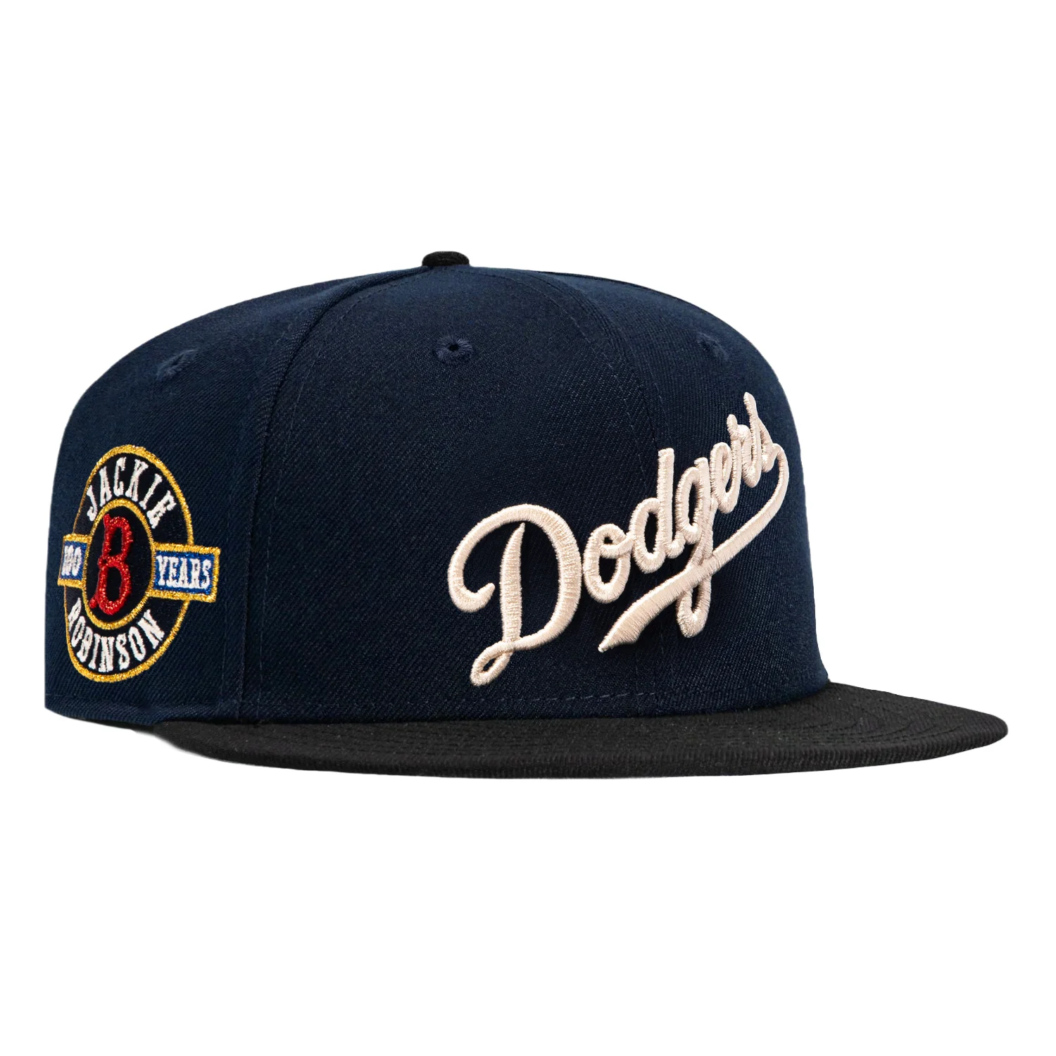 New Era 59Fifty Brooklyn Dodgers Jackie Robinson 100 Years Patch Script Pink UV Hat - Navy, Black