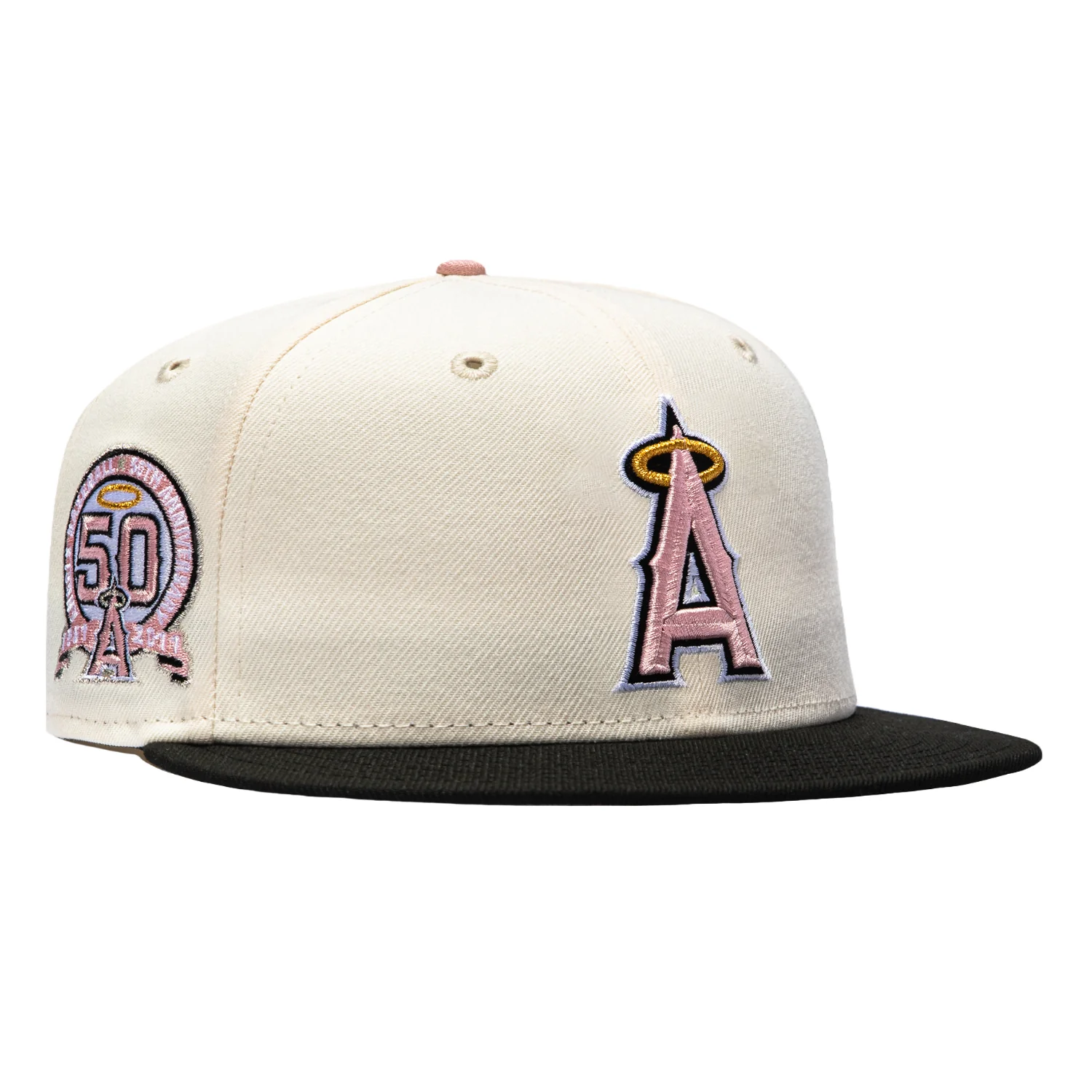 New Era 59Fifty Pink Rouge Los Angeles Angels 50th Anniversary Patch Hat - White, Black, Pink