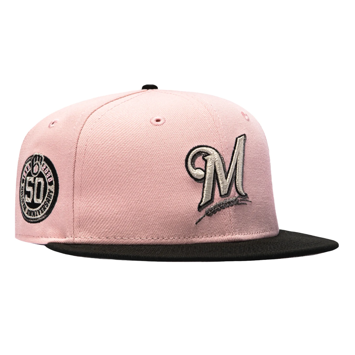 New Era 59Fifty Pink Rouge Milwaukee Brewers 50th Anniversary Patch 2000 M Hat - Pink, Black