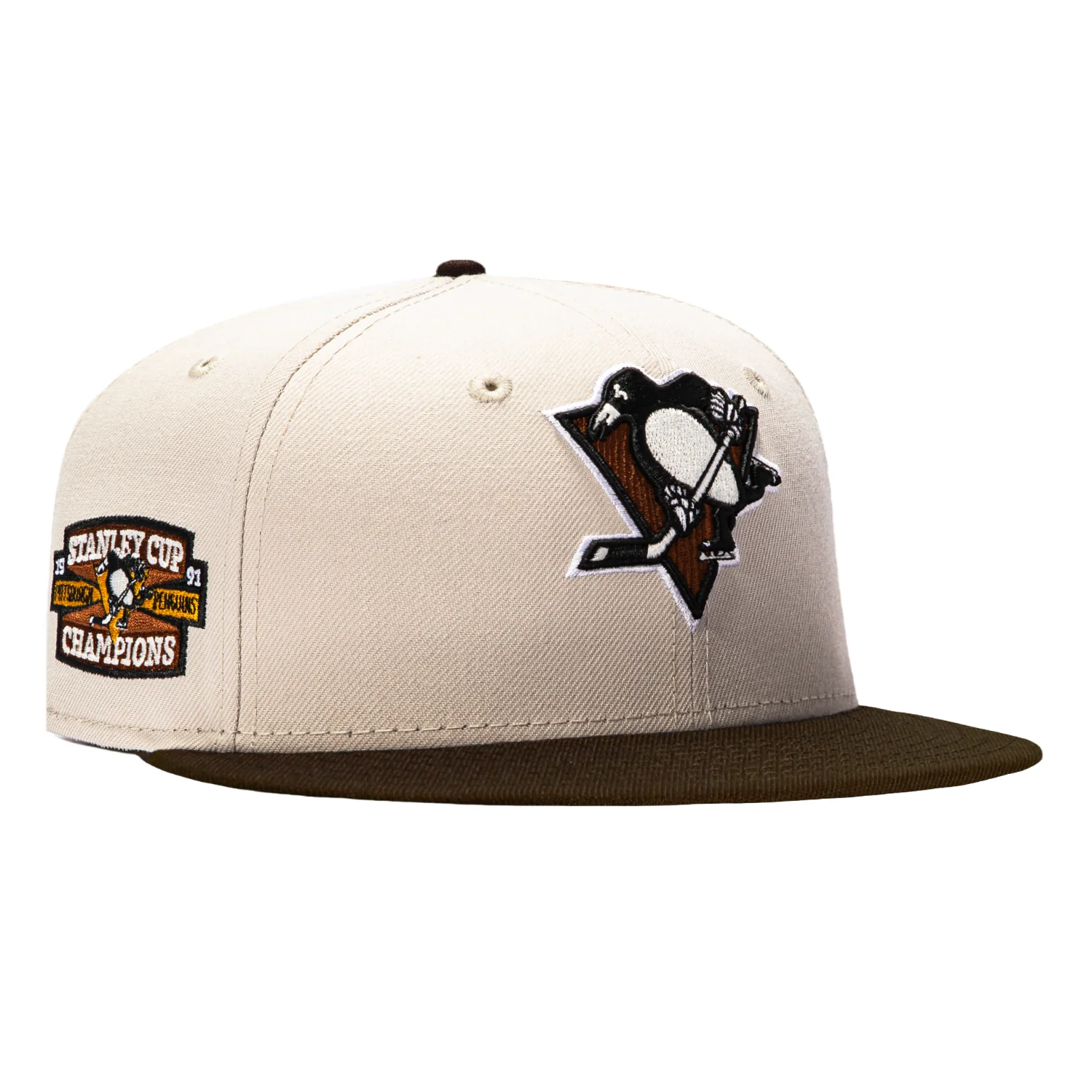 New Era 59Fifty Wood Grain Pittsburgh Penguins 1991 Stanley Cup Champions Patch Hat - Stone, Brown